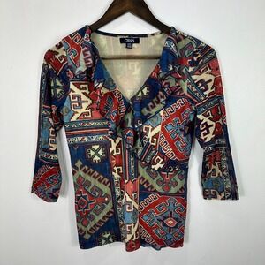 Chaps Southwestern Top Womens Medium Blue Red 3/4 Sleeve Ruffle Boho Aztec